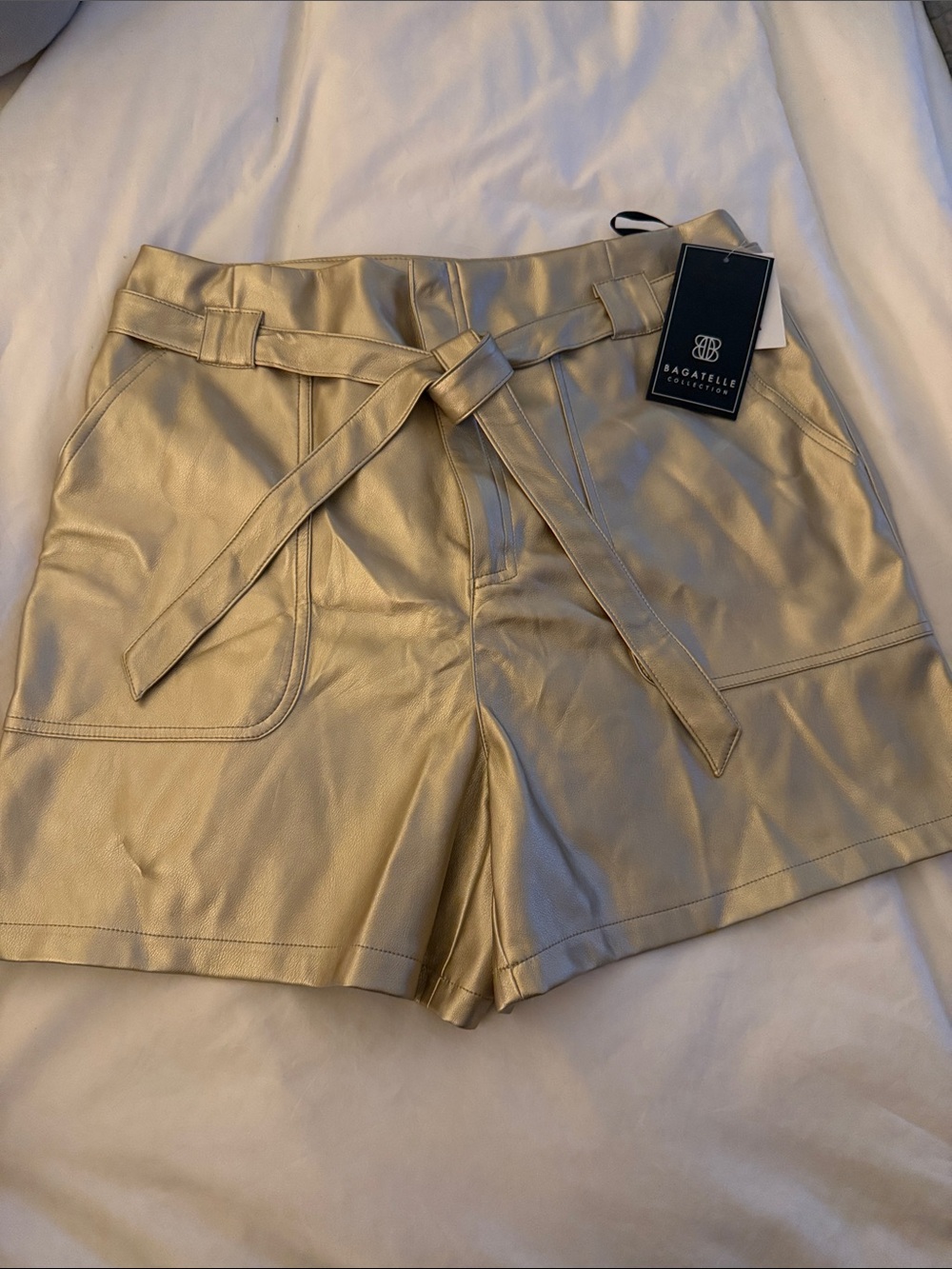 bagatelle Gold Faux-Leather High Waist Tie-Front Shorts